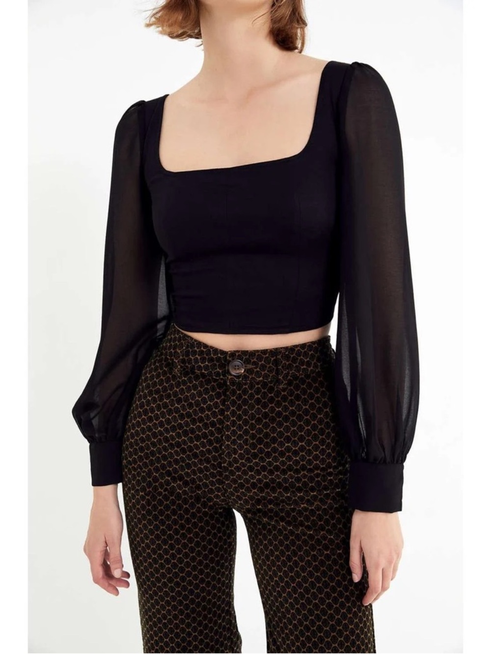 Urban Outfitters Lena Sheer-Sleeve Square Neck Crop Top